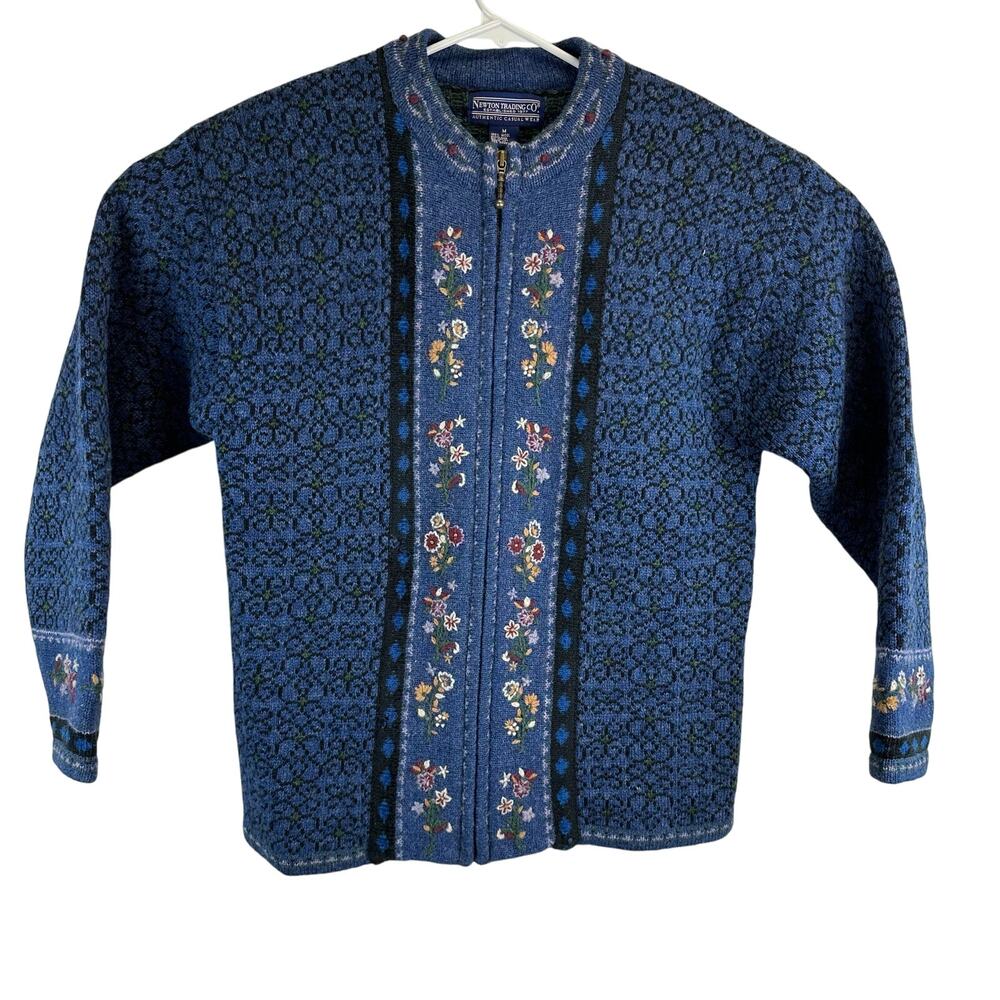 Newton Trading Co Blue Floral Shetland Wool Zip Sweater Womens Medium Grandma